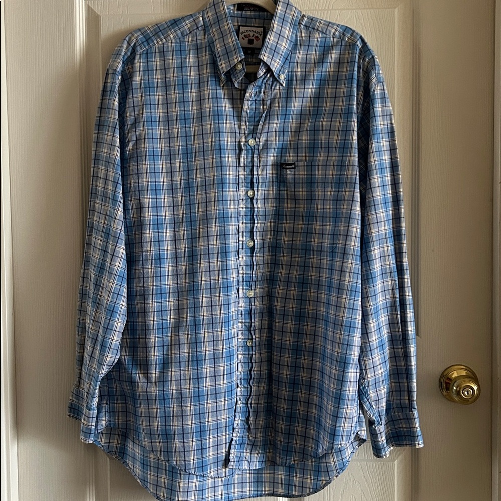 Faconnable‎ Shirt Mens Size Med Classic Fit Blue Plaid Long Sleeve Button Up USA